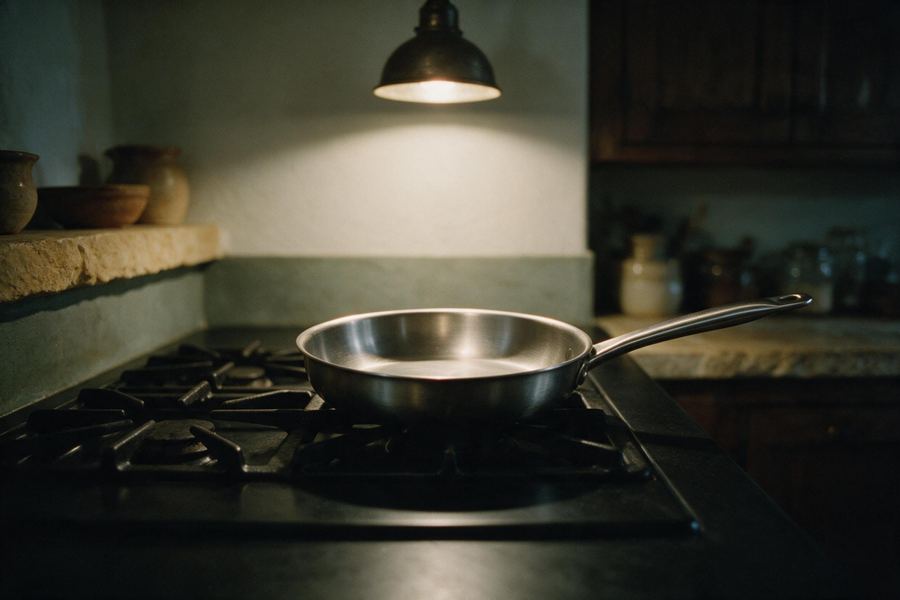 A clean pan heating on a hob